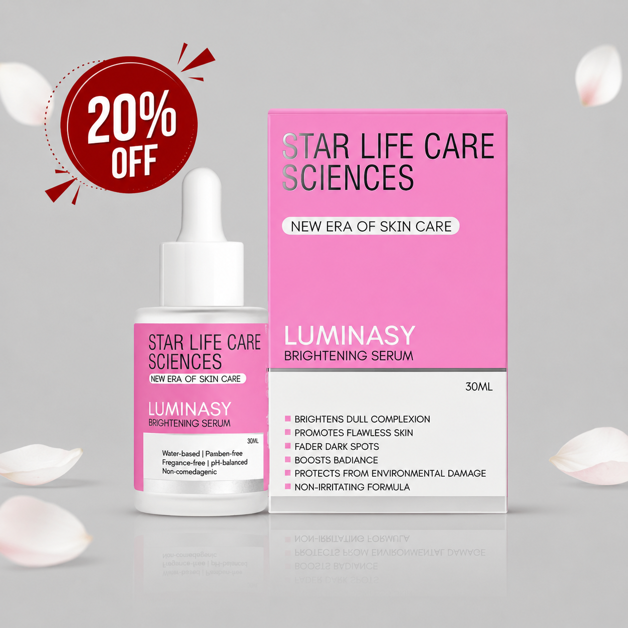 Star Life Care Sciences Luminasy Brightening Serum shown as a pink dropper bottle next to its pink and white retail box, with a red '20% OFF' promotional badge on a light gray background with soft white petal decorations.